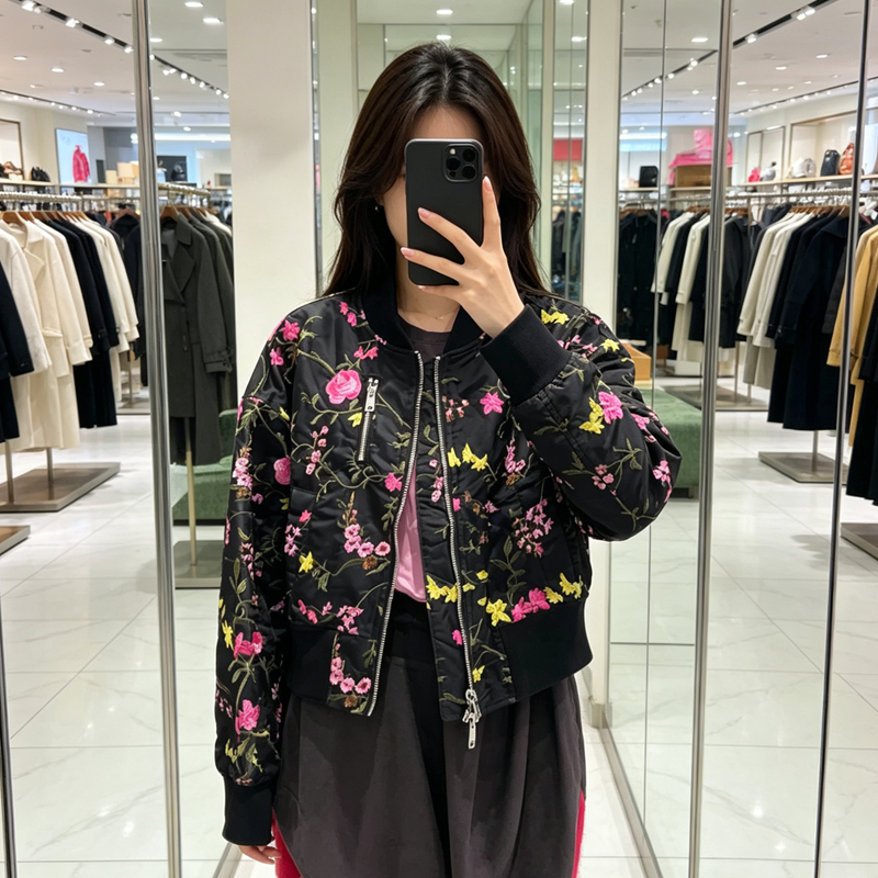 重工刺绣花朵棒球服棉服女立领拉链短外套宽松休闲棉衣