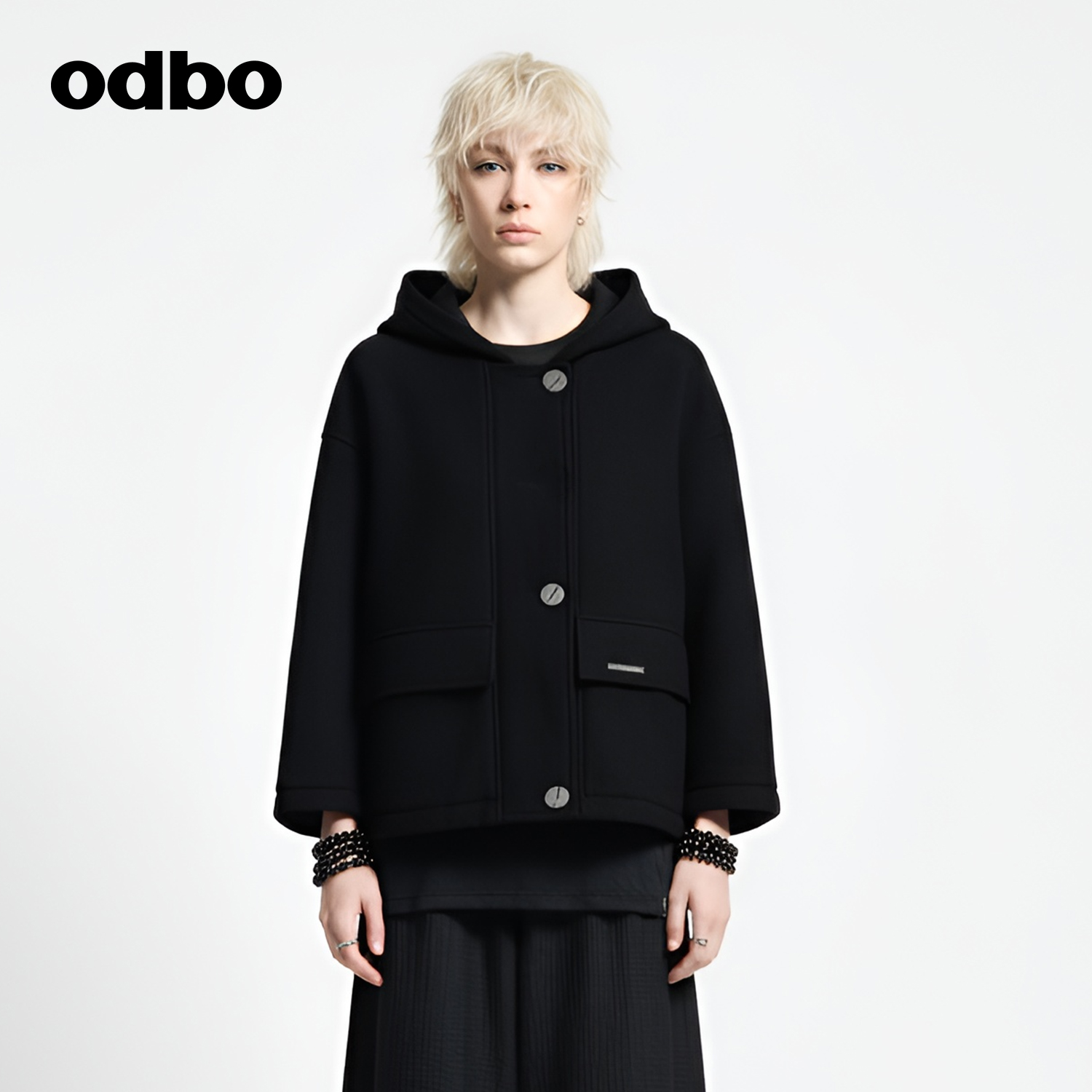 odbo/欧迪比欧连帽毛呢外套女秋冬新款宽松百搭休闲短款呢子上衣