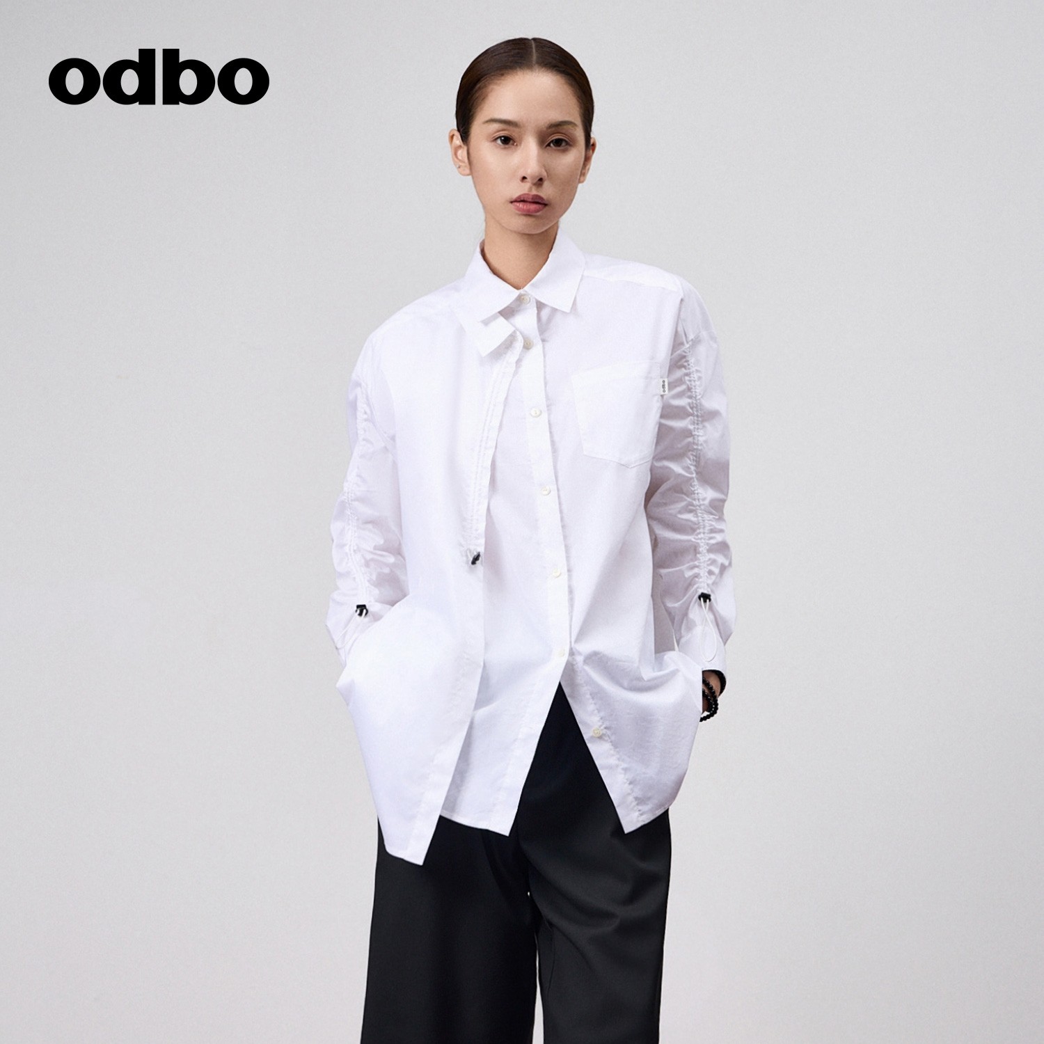 odbo/欧迪比欧 时尚设计感衬衫女上衣轻奢高级感长袖T恤衫透气棉