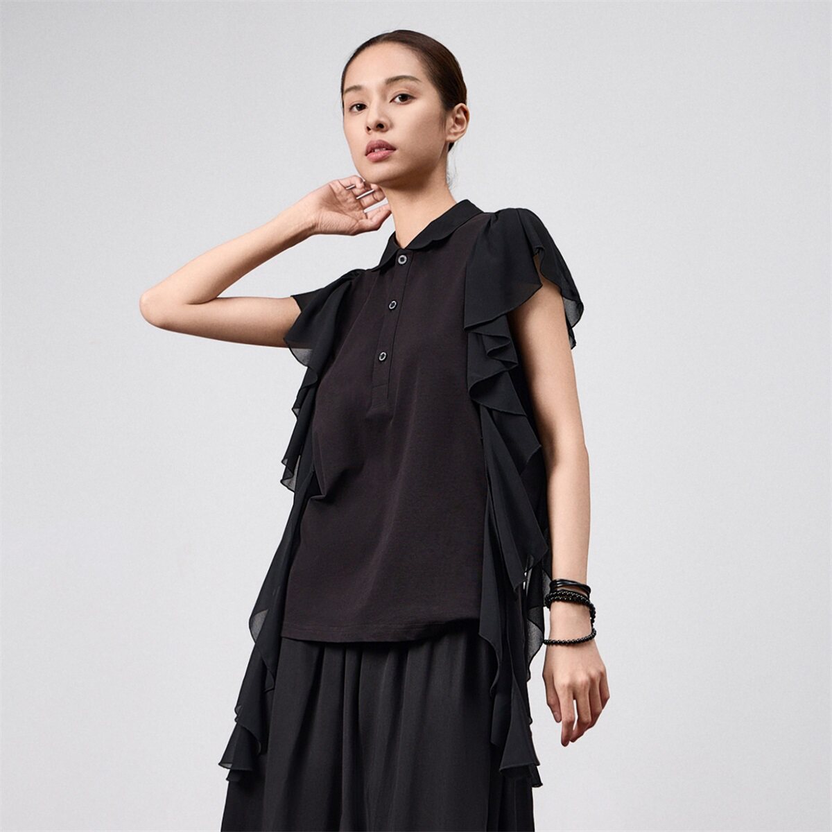odbo/欧迪比欧 荷叶边衬衫女夏薄款原创短袖t恤不规则设计感上衣
