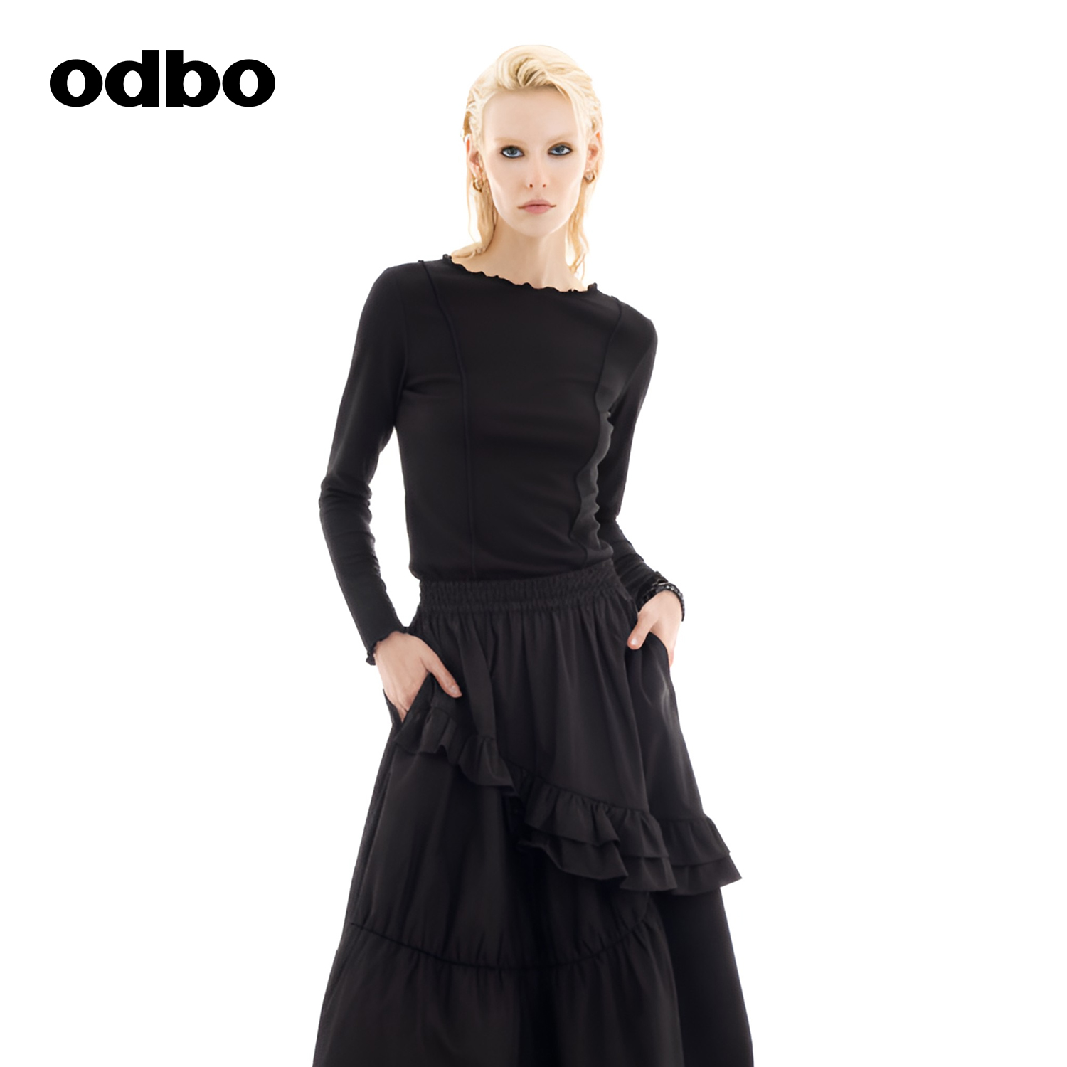 odbo欧迪比欧莱赛尔一字领长袖t恤女秋冬内搭修身打底衫通勤上衣