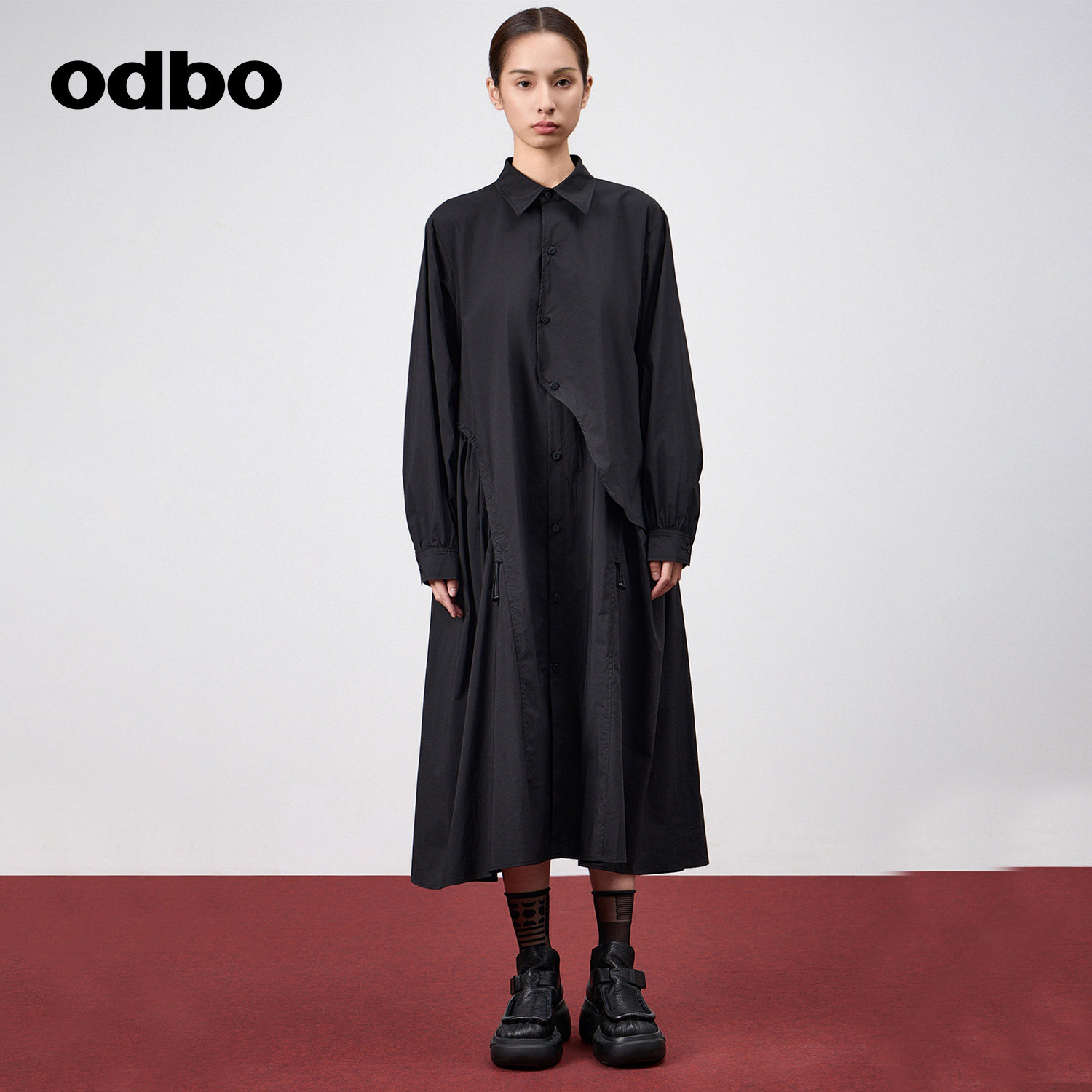 odbo/欧迪比欧 衬衫式连衣裙女轻奢高级感中长款衬衣长袖t恤上衣