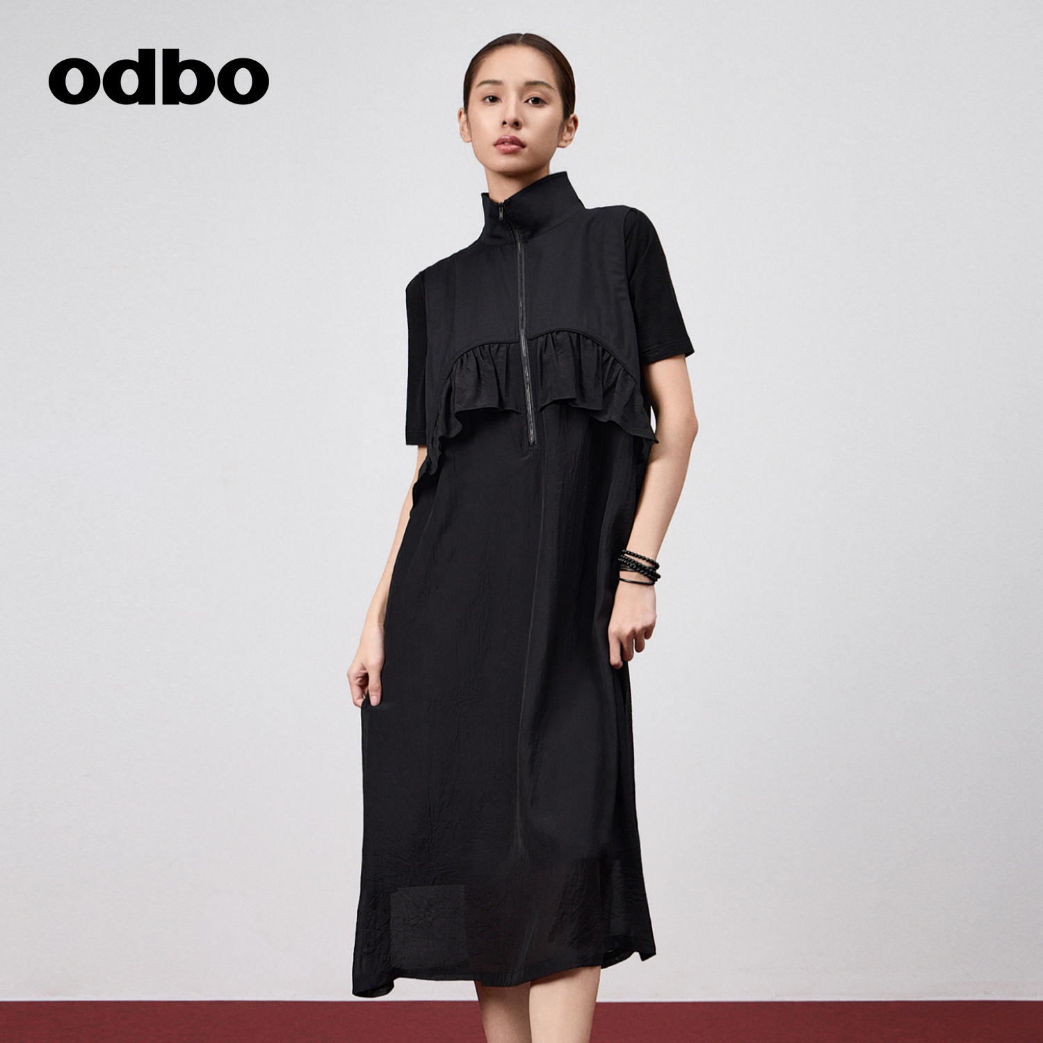 odbo/欧迪比欧拉链设计感短袖连衣裙女夏薄款长款小黑裙收腰防晒