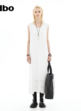 odbo/欧迪比欧无袖背心连衣裙女春夏新款宽松显瘦中长款白色裙子