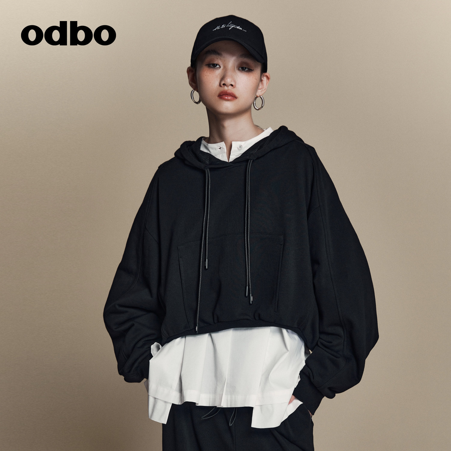 odbo/欧迪比欧薄款韩系连帽卫衣女春夏高腰宽松百搭长袖t恤上衣棉