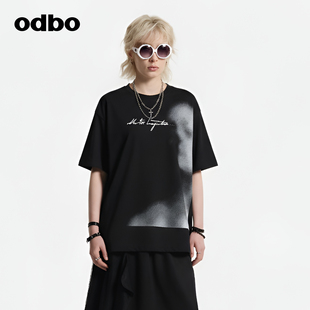 宽松显瘦百搭休闲上衣 T恤女夏季 odbo 欧迪比欧国风印花圆领短袖