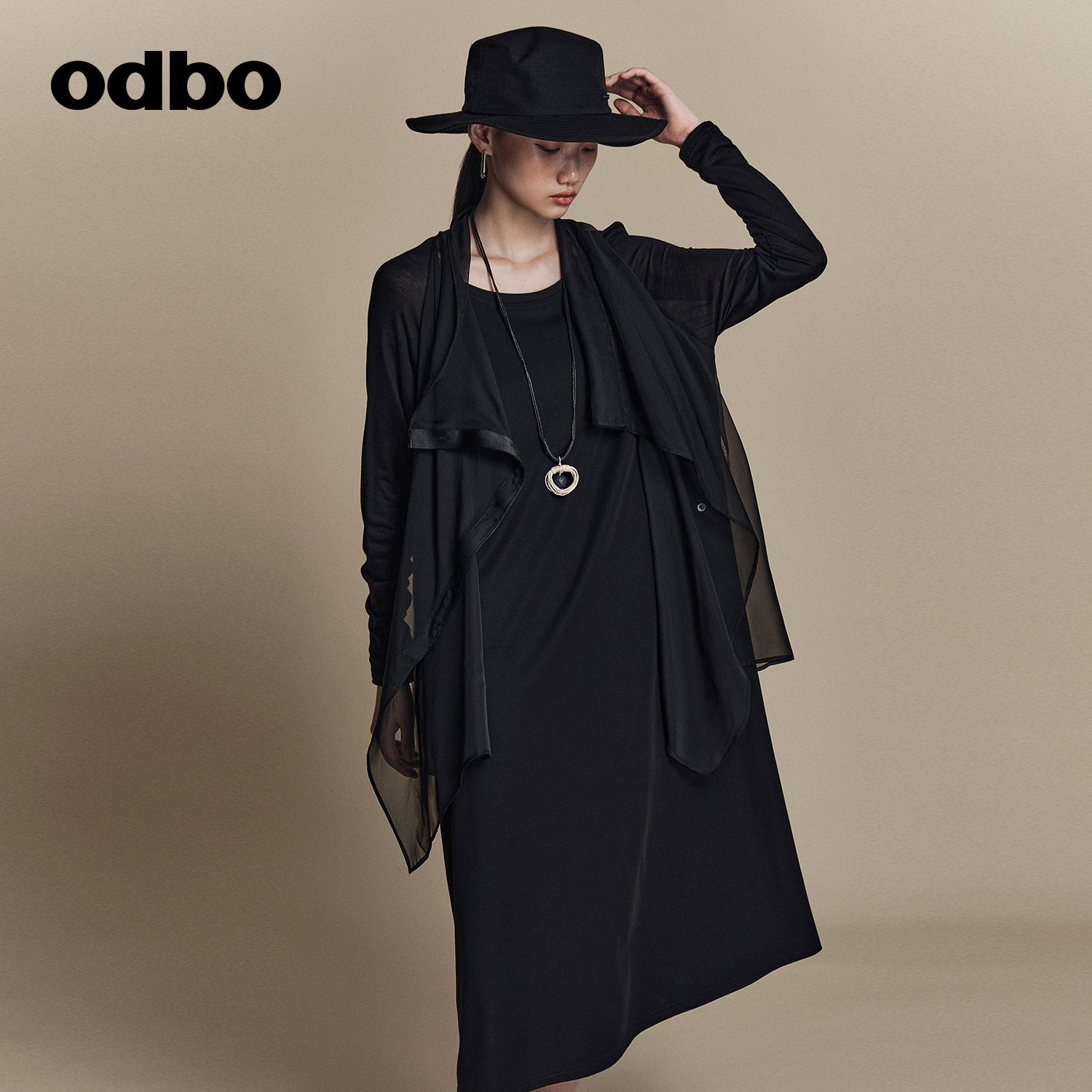 odbo小众设计感假两件连衣裙女春夏薄纱透气黑色显瘦中长裙极简风