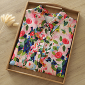 别致宽松大版 春秋季 女长袖 韩范复古玫瑰印花纯棉衬衫 休闲衬衣 新款