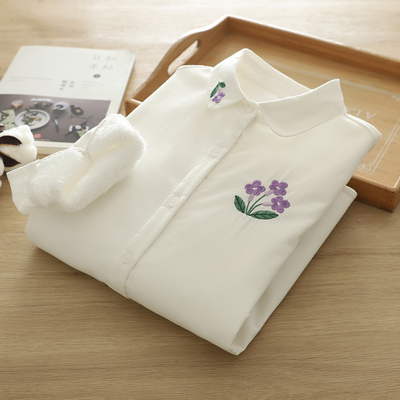 秋冬加绒保暖白色长袖衬衫女宽松百搭纯棉文艺刺绣保暖内搭衬衣