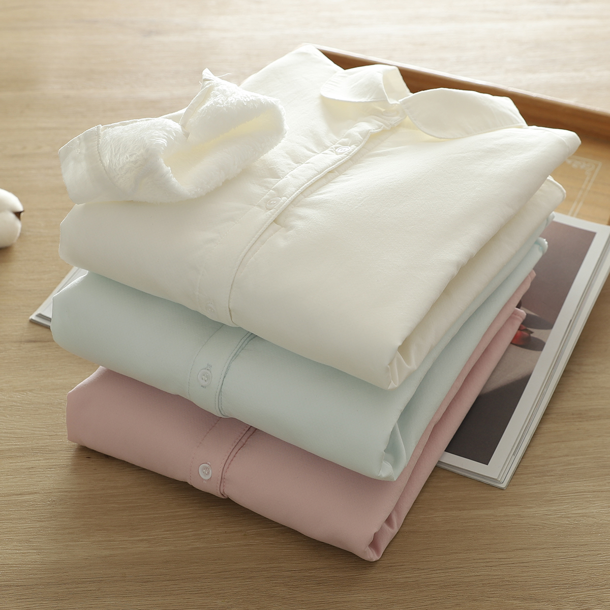 2025秋季新款简约百搭加绒加厚衬衫女长袖学生娃娃领纯色打底衬衣