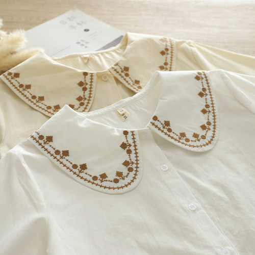 秋新款日系软妹刺绣娃娃领纯棉衬衫女长袖小清新学生甜美宽松衬衣