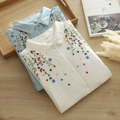 清新甜美文艺全棉双层棉纱刺绣小花衬衫女长袖宽松婴儿棉柔软衬衣