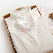 学生百搭内搭法式 春季 女长袖 文艺立领蕾丝花边纯棉白衬衫 衬衣 新款