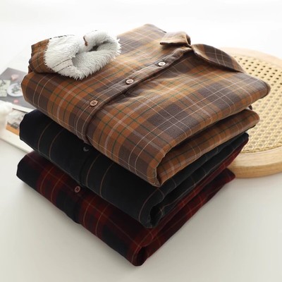 文艺复古加绒加厚纯棉格子衬衫女