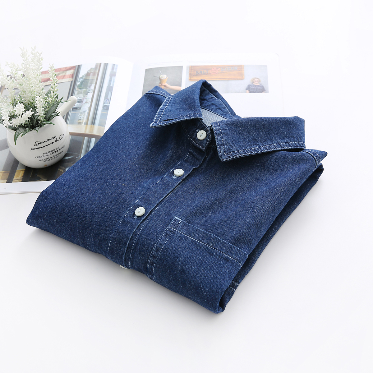 蓝色牛仔长袖衬衫女外套