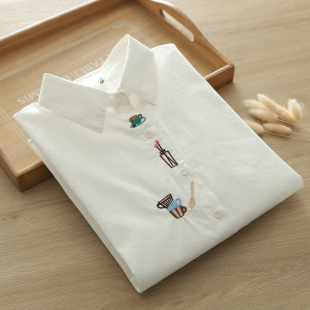 小清新门襟刺绣花瓶杯子纯棉白色衬衫 学生甜美文艺宽松衬衣 女长袖