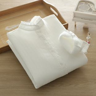 2024秋季新款立领蕾丝加绒加厚衬衫女长袖学生日系文艺纯棉衬衣