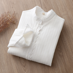 2025秋冬新款学生百搭立领蕾丝加绒加厚白衬衫女长袖保暖打底衬衣