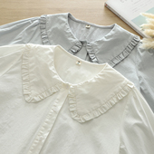 日系文艺小清新娃娃领纯棉白衬衫 学生木耳花边宽松学院衬衣 女长袖