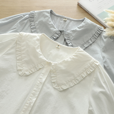 日系文艺小清新娃娃领纯棉白衬衫女长袖学生木耳花边宽松学院衬衣