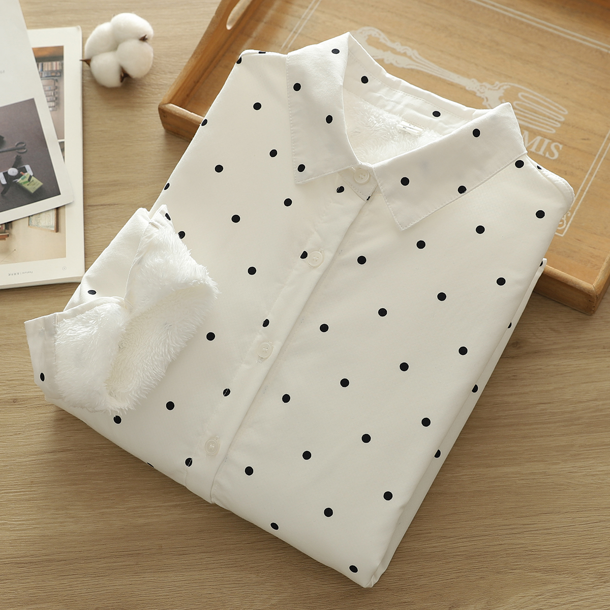 波点印花加绒加厚纯棉衬衫女