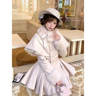 昭和落樱 矜贵千金风气质蝴蝶结毛领+大摆收腰毛呢大衣外套两件套