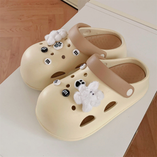 女拿铁色凉拖鞋 夏季 包头洞洞鞋 舒适厚底休闲可爱毛绒小兔防滑新款