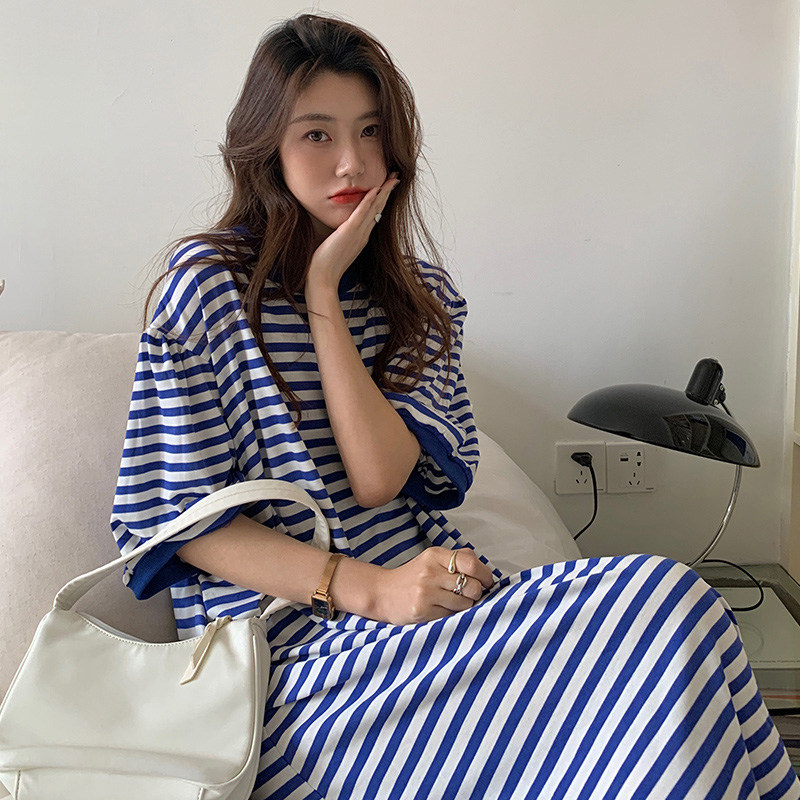 夏季甜美条纹长裙可外穿