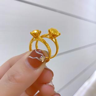 金包银戒指女仿真黄金六爪钻戒求婚素圈小众设计感高级送女友礼物