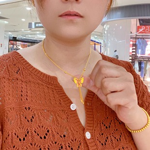 金包银项链新款女士蝶鸢蝴蝶流苏黄999足金古法珐琅碎金子毛衣链