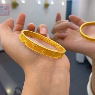 古法黄金包银手镯女款拉丝四叶草手镯时尚黄金同款送老婆生日礼物