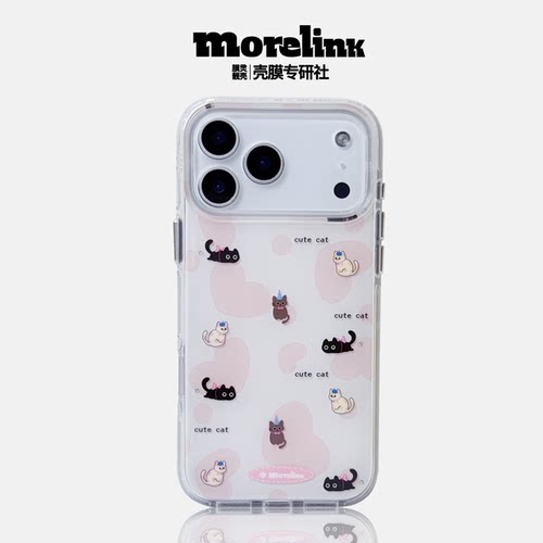 Morelink原创ins搞怪猫咪iPhone17promax适用苹果16pro/日韩风粉色小黑猫14pm/少女17卡通防摔情侣全包保护壳