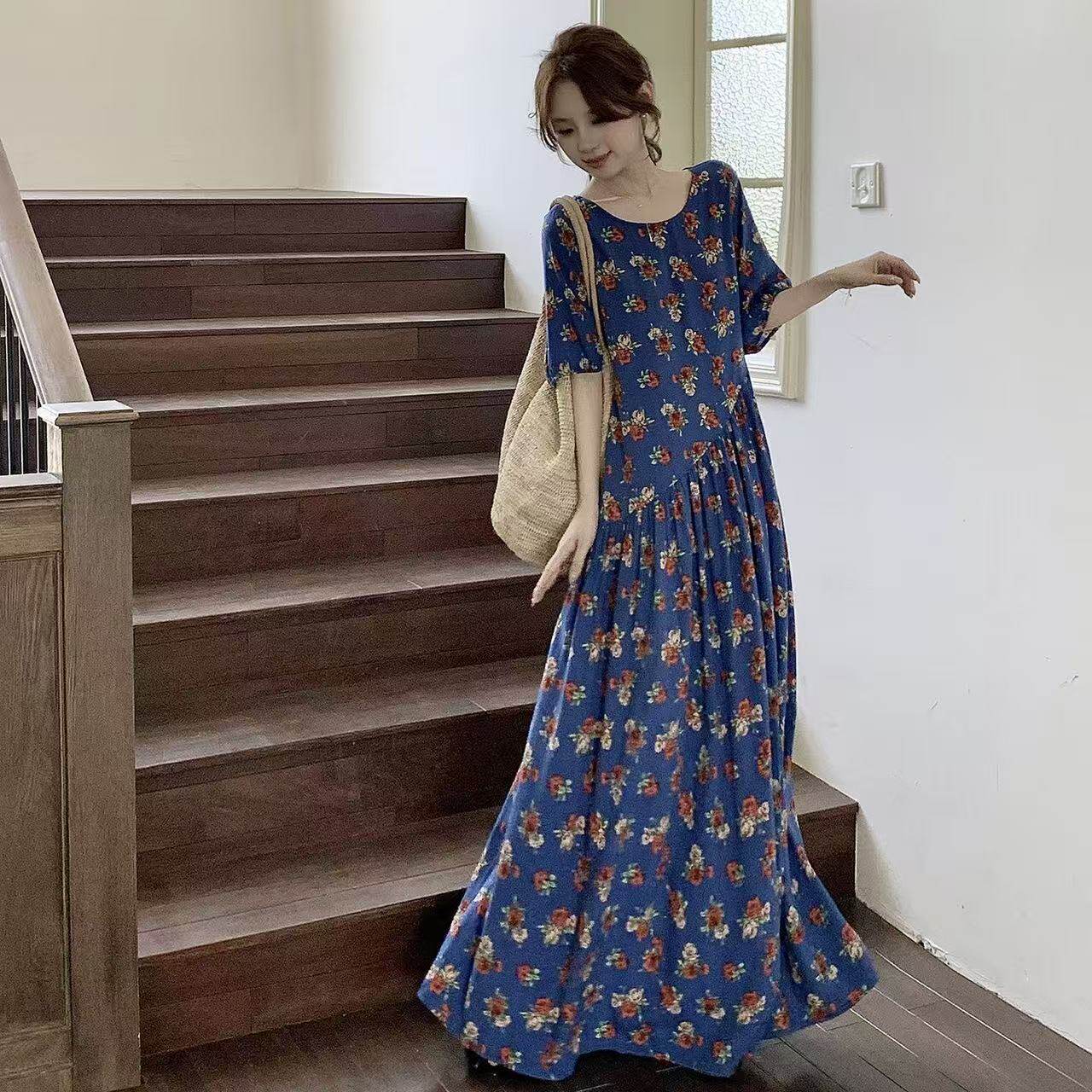 夏天女士棉绸凉感宽松家居服加长款到脚裸宽松人造棉睡裙可外穿