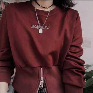 酒红色短款卫衣女春秋2024新款宽松圆领棉料套头上衣短装宽松显瘦