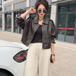 气质复古翻领短款皮衣外套女春季新款设计感宽松夹克洋气百搭上衣