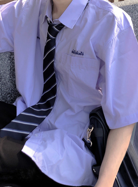 泰国校服学生DK/JK制服衬衫原创夏季紫色复古短袖泰式衬衣情侣款