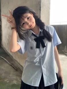 学院风蓝色短袖衬衫女夏季韩系甜美设计感宽松显瘦刺绣衬衣潮新款