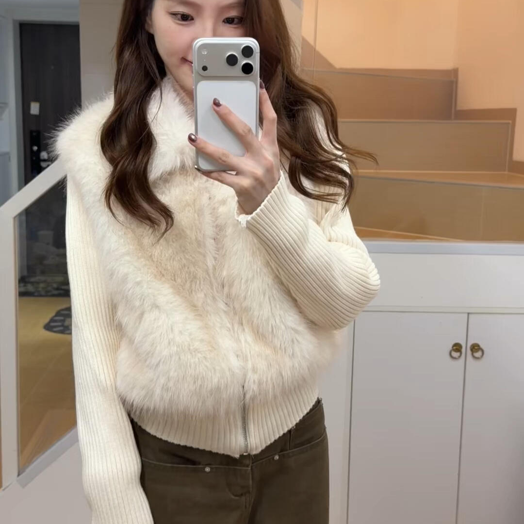韩系穿搭复古针织拼接毛毛一体