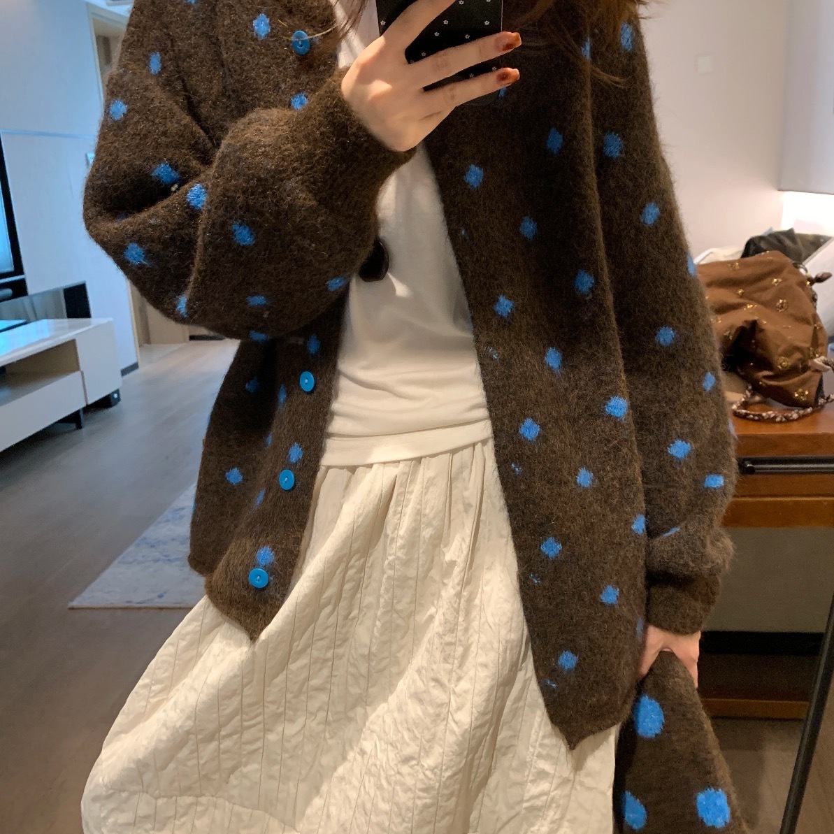 韩系波点针织开衫女巨好看的早秋休闲穿搭慵懒毛衣外套学院风上衣