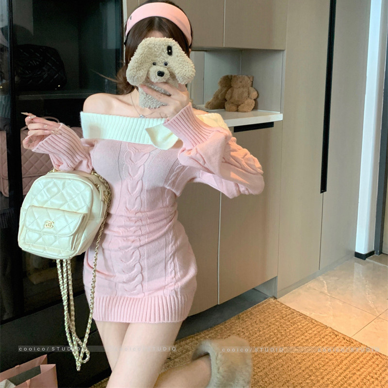 法式一字肩撞色长袖针织连衣裙女修身毛衣短裙设计感秋冬包臀裙子