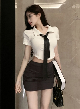 纯欲风修身短款白衬衫女短袖辣妹性感弹力上衣包臀裙套装OL制服夏