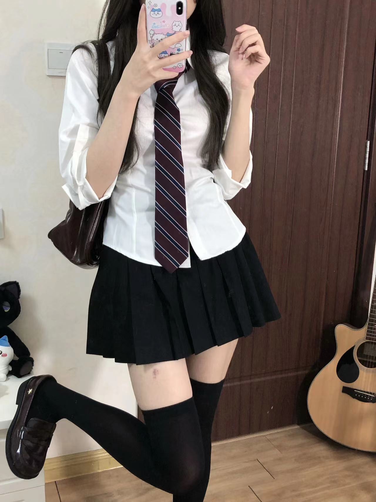 学院风jk制服收腰长袖衬衫女纯欲辣妹原创白色衬衣修身格裙套装春