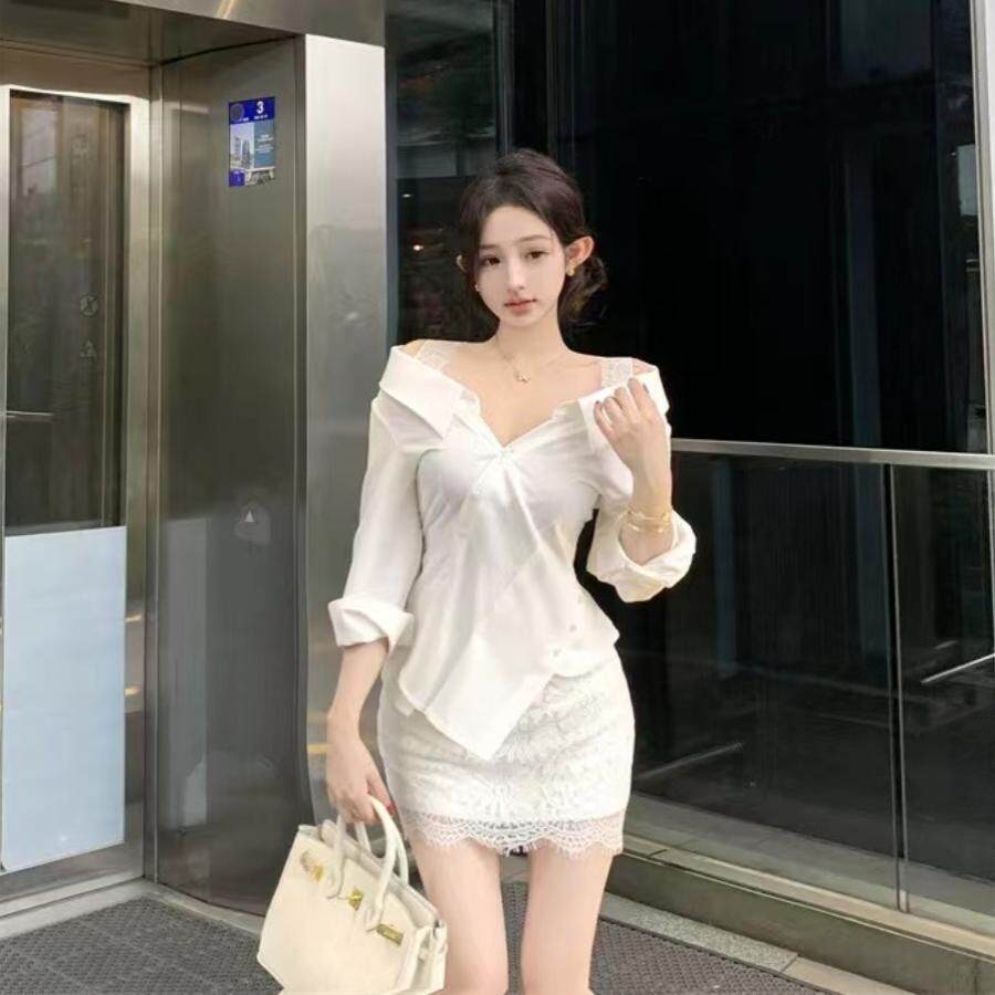 气质白色露肩长袖衬衫女收腰修身小众衬衣不规则设计感上衣潮秋季