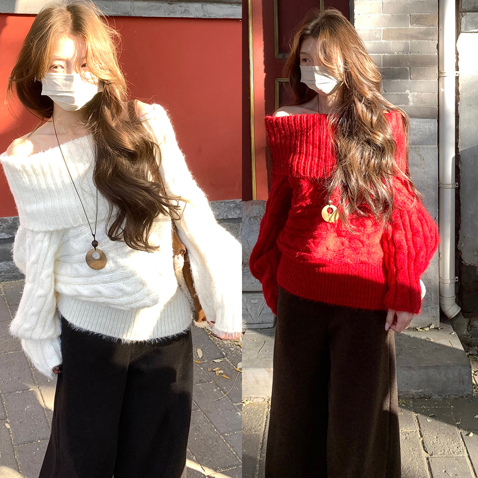 一字肩露肩套头百搭毛衣