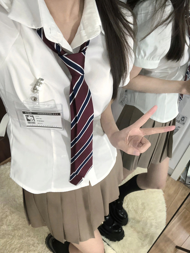 收腰jk衬衫女辣妹纯欲百褶裙学院风套装白色泡泡袖绑带短袖衬衣秋