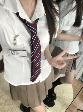收腰jk衬衫女辣妹纯欲百褶裙学院风套装白色泡泡袖绑带短袖衬衣夏