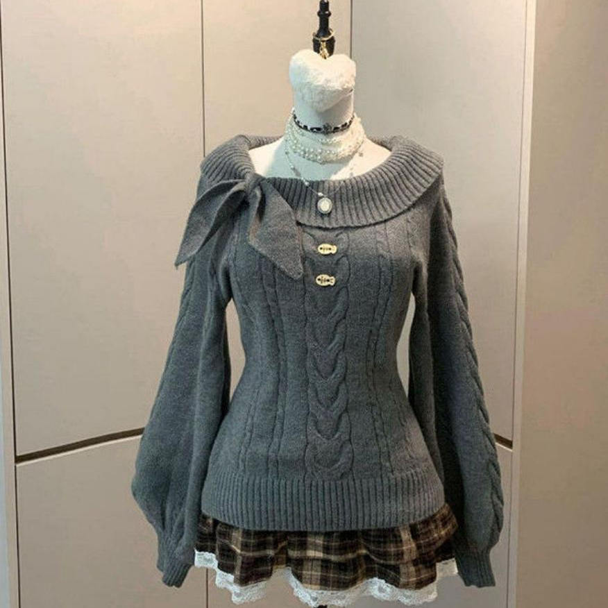 原创古早vintage兔耳结针织衫毛衣女秋冬奈奈风收腰显瘦校供外套