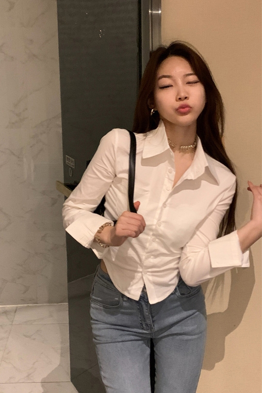 辣妹收腰长袖衬衫女学院风白衬衣
