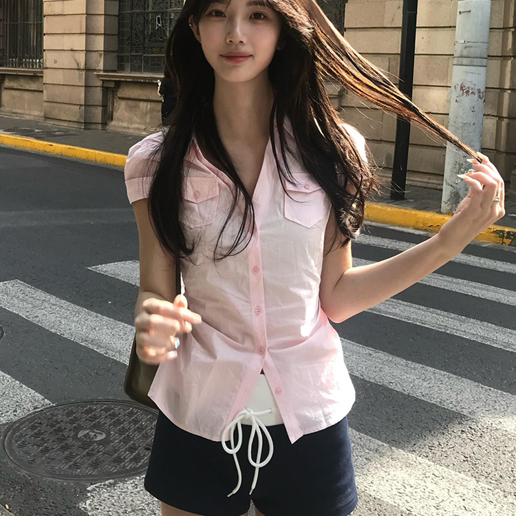 甜美风粉色正肩Polo领短袖衬衫女新款夏季短款收腰气质法式上衣