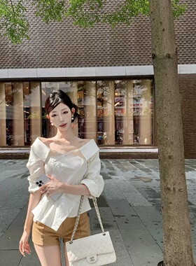 白色法式长袖防晒衬衫女不规则气质衬衣设计感修身短款小上衣夏季